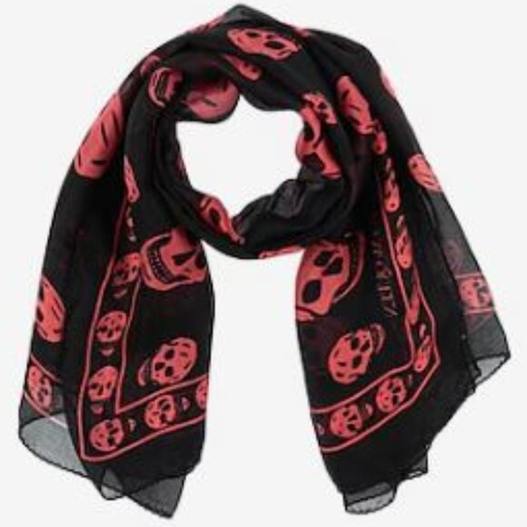 Alexander McQueen Skull Silk Scarf Black Red - Picture 3 of 10